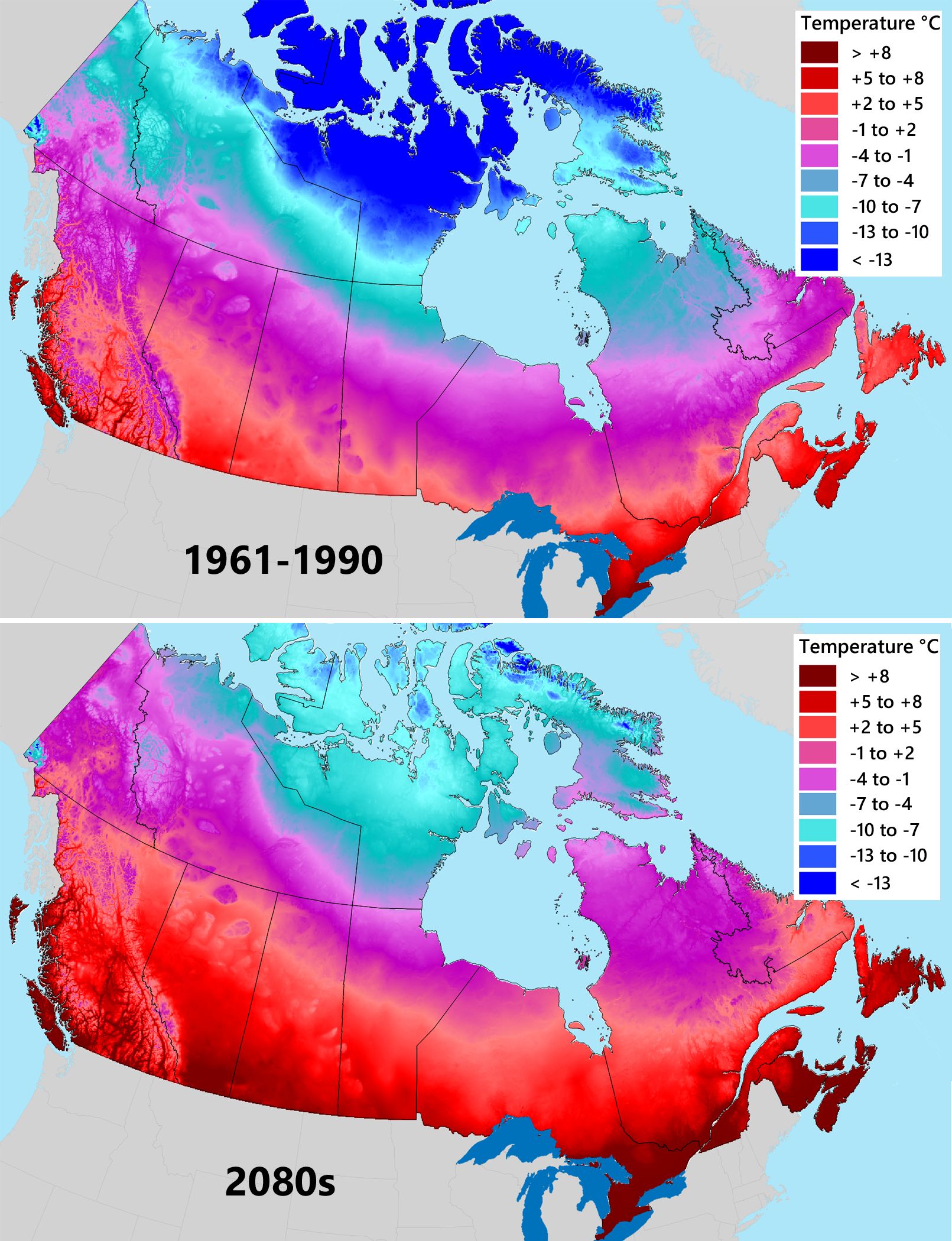 Map of estimated future temperature distribution for Canada